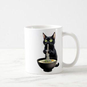 Zwarte Kat Eten Ramen Noodles Japans eten Koffiemok