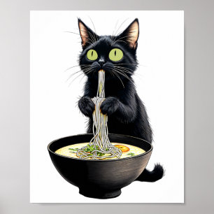 Zwarte Kat Eten Ramen Noodles Japans eten Poster