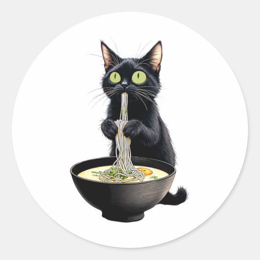 Zwarte Kat Eten Ramen Noodles Japans eten Ronde Sticker (Voorkant)