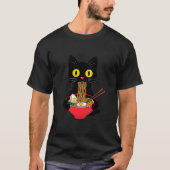 Zwarte Kat Eten Ramen Noodles Kawaii Anime Japans T-shirt (Voorkant)