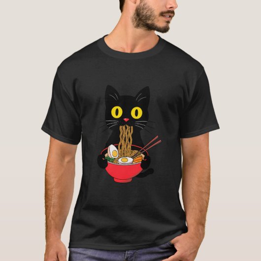Zwarte Kat Eten Ramen Noodles Kawaii Anime Japans T-shirt (Voorkant)