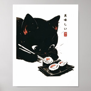 Zwarte Kat Eten Sushi - Kat Japanse Kunst Poster