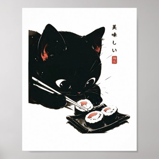 Zwarte Kat Eten Sushi - Kat Japanse Kunst Poster (Voorkant)
