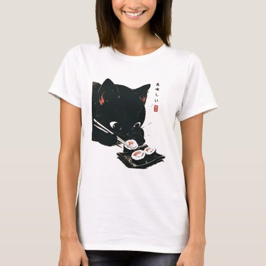 Zwarte Kat Eten Sushi - Kat Japanse Kunst T-shirt (Voorkant)