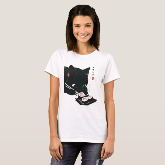 Zwarte Kat Eten Sushi - Kat Japanse Kunst T-shirt (Voorkant volledig)