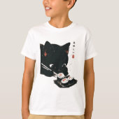 Zwarte Kat Eten Sushi - Kat Japanse Kunst T-shirt (Voorkant)