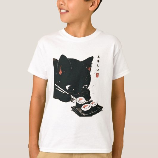 Zwarte Kat Eten Sushi - Kat Japanse Kunst T-shirt (Voorkant)