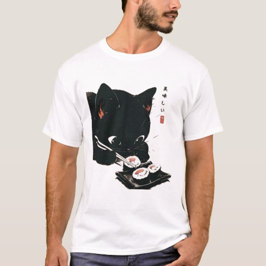 Zwarte Kat Eten Sushi - Kat Japanse Kunst T-shirt (Voorkant)