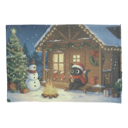 Zwarte Kat Festieve Kerst Scene Kussensloop (Voorkant)
