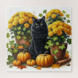 Zwarte Kat Geel Chrysanten Herfst Seizoen Puzzel