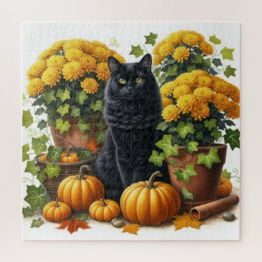 Zwarte Kat Geel Chrysanten Herfst Seizoen Puzzel (Verticaal)