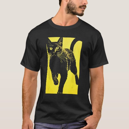 Zwarte Kat Geel Print T-shirt (Voorkant)
