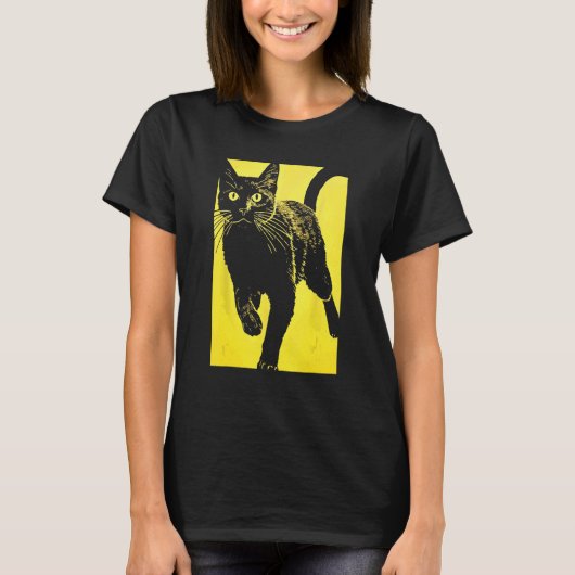 Zwarte Kat Geel Print T-shirt (Voorkant)
