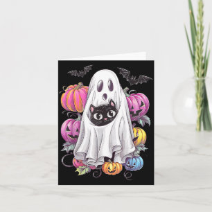 Zwarte Kat Geest Met Pompoenen Griezelige Hallowee Kaart