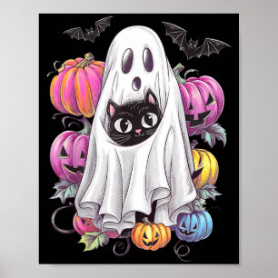 Zwarte Kat Geest Met Pompoenen Griezelige Hallowee Poster