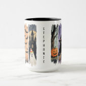 Zwarte kat, geest, pompoen, vleermuizen en spookhu mok (Midden)