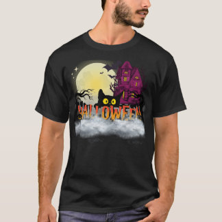 Zwarte Kat & Geheime Huis – Halloween Nacht Ontwer T-shirt