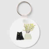 Zwarte Kat Gele Bloemen Vaas Potlood Kunst Sleutelhanger (Voorkant)
