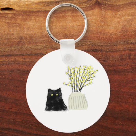 Zwarte Kat Gele Bloemen Vaas Potlood Kunst Sleutelhanger (Voorkant)