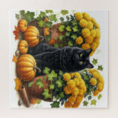 Zwarte Kat Gele Chrysanten Herfst Seizoen Puzzel (Horizontaal)