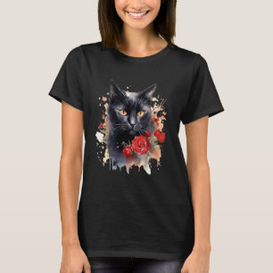 Zwarte Kat Gele Ogen Bloem Rode Rozen Bloemen Col T-shirt