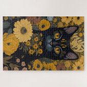 Zwarte Kat Gele Ogen Vintage Bloemen Legpuzzel (Horizontaal)