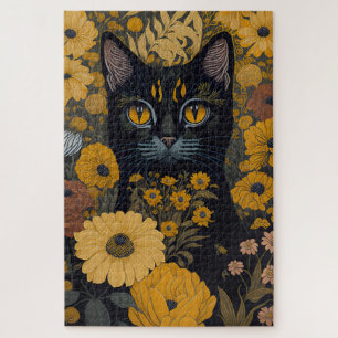 Zwarte Kat Gele Ogen Vintage Bloemen Legpuzzel