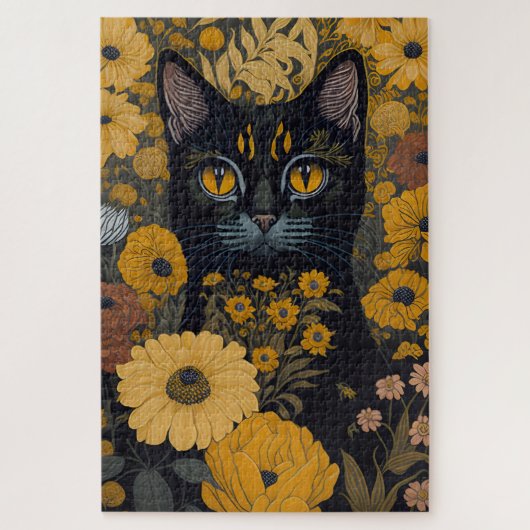 Zwarte Kat Gele Ogen Vintage Bloemen Legpuzzel (Verticaal)