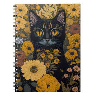 Zwarte Kat Gele Ogen Vintage Bloemen Notitieboek