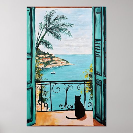 Zwarte Kat Genietend van de Mooie Zee Poster (Voorkant)
