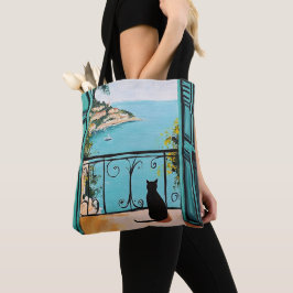 Zwarte Kat Genietend van de Mooie Zee Tote Bag