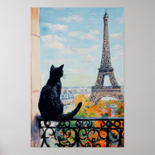 Zwarte kat genietend van het uitzicht op de Eiffel Poster