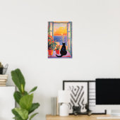Zwarte kat genietend van het zeezicht poster (Thuiskantoor)
