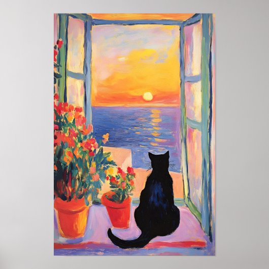 Zwarte kat genietend van het zeezicht poster (Voorkant)