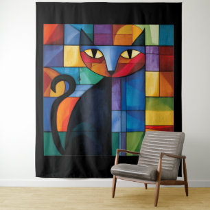 Zwarte kat geometrisch glas-in-lood raster wandkleed