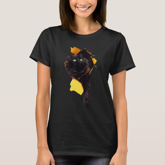 Zwarte Kat Gescheurde Stof   Zwarte Kat Gele Ogen  T-shirt (Voorkant)