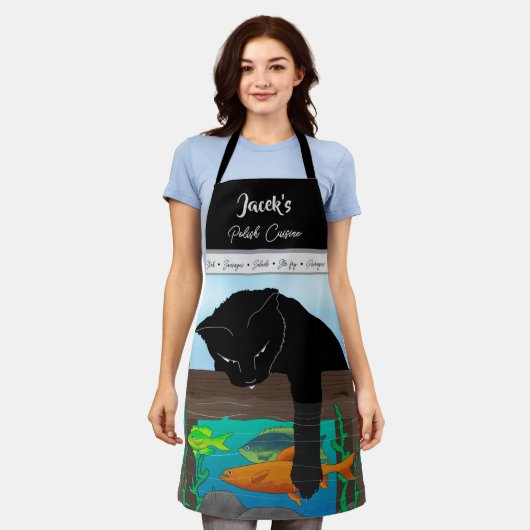 Zwarte kat Gevist, grijze band Schort (Gedragen)