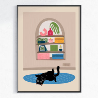 Zwarte Kat Gezellig Thuis Muur Kunst Mooie Kat Mod Poster