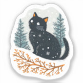 Zwarte kat gezellige wintersneeuw sticker (Voorkant)