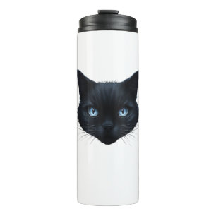 Zwarte Kat Gezicht Blauwe Ogen Graphic T-shirt Kat Thermosbeker