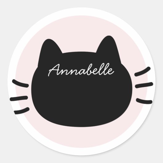 Zwarte Kat Gezicht Roze Naam Ronde Sticker (Voorkant)