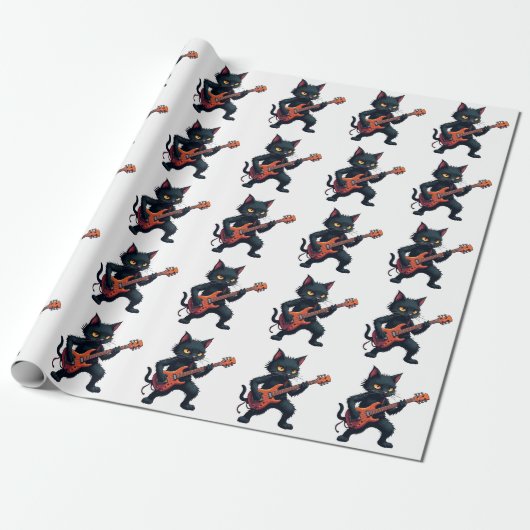 Zwarte Kat Gitarist Cadeaupapier (Uitgerold)