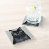 Zwarte kat glazen onderzetter (Schuin)