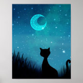 Zwarte kat glinsterende sterrenhemel moderne illus poster (Voorkant)