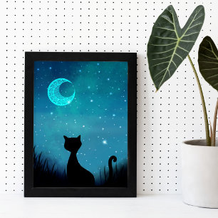 Zwarte kat glinsterende sterrenhemel moderne illus poster