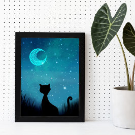Zwarte kat glinsterende sterrenhemel moderne illus poster