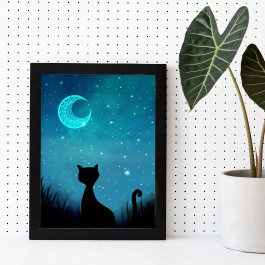 Zwarte kat glinsterende sterrenhemel moderne illus poster