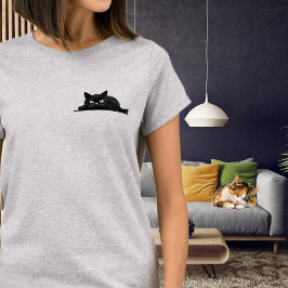 Zwarte kat gluurt, Cute Minimalistisch ontwerp T-shirt