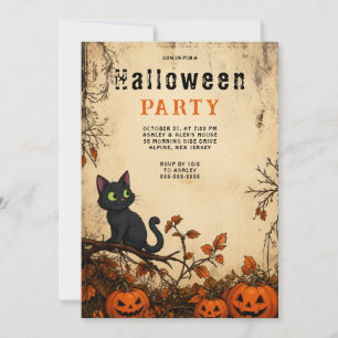 Zwarte Kat Gotische Halloween Feest Uitnodiging