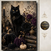Zwarte Kat Gotische Pompoenen Paarse Rozen Hallowe Tissuepapier